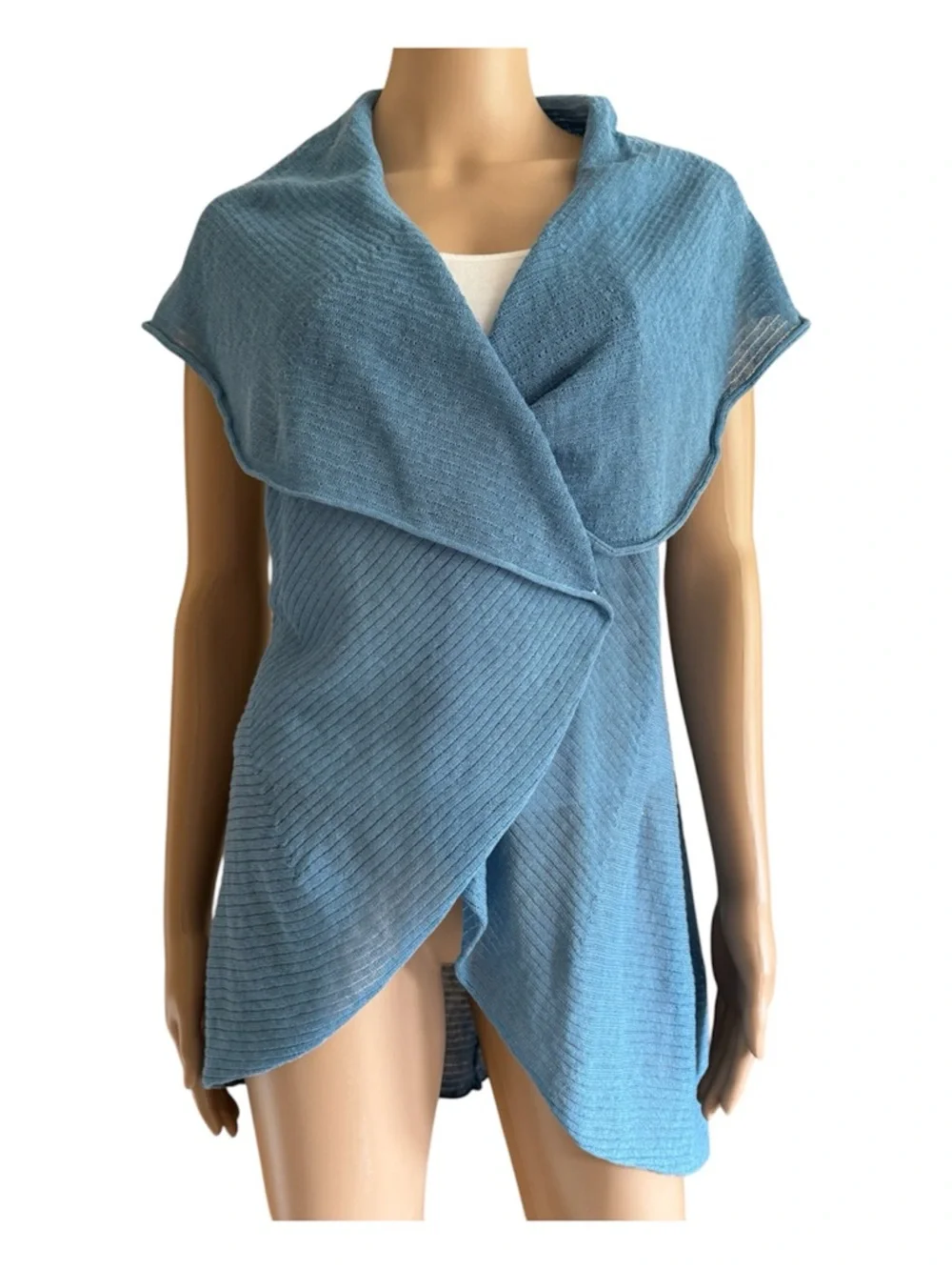 Fever Light Blue Linen Knit Draped Open Wrap  Asymmetrical Vest